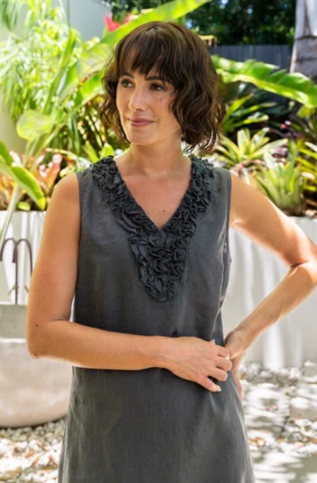 SEE SAW LINEN RUFFLE DRESS CHARCOAL