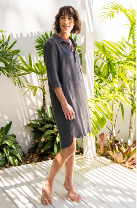 SEE SAW 100% LINEN POCKET DRESS CHARCOAL