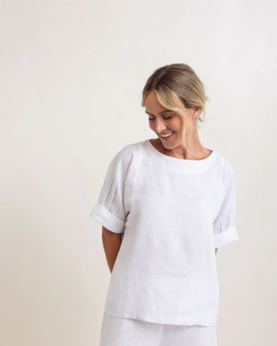 SEE SAW 100% LINEN WHITE CUFF SLEEVE A-LINE TOP