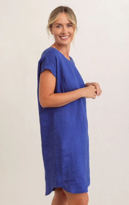 SEE SAW  LINEN CAP SLEEVE BUTTON BACK DRESS DENIM