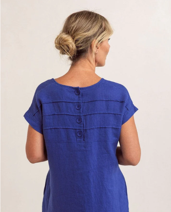 SEE SAW  LINEN CAP SLEEVE BUTTON BACK DRESS DENIM