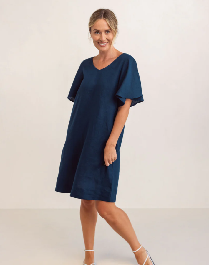 SEE SAW LINEN V NECK FLUTTER DRESS NAVY