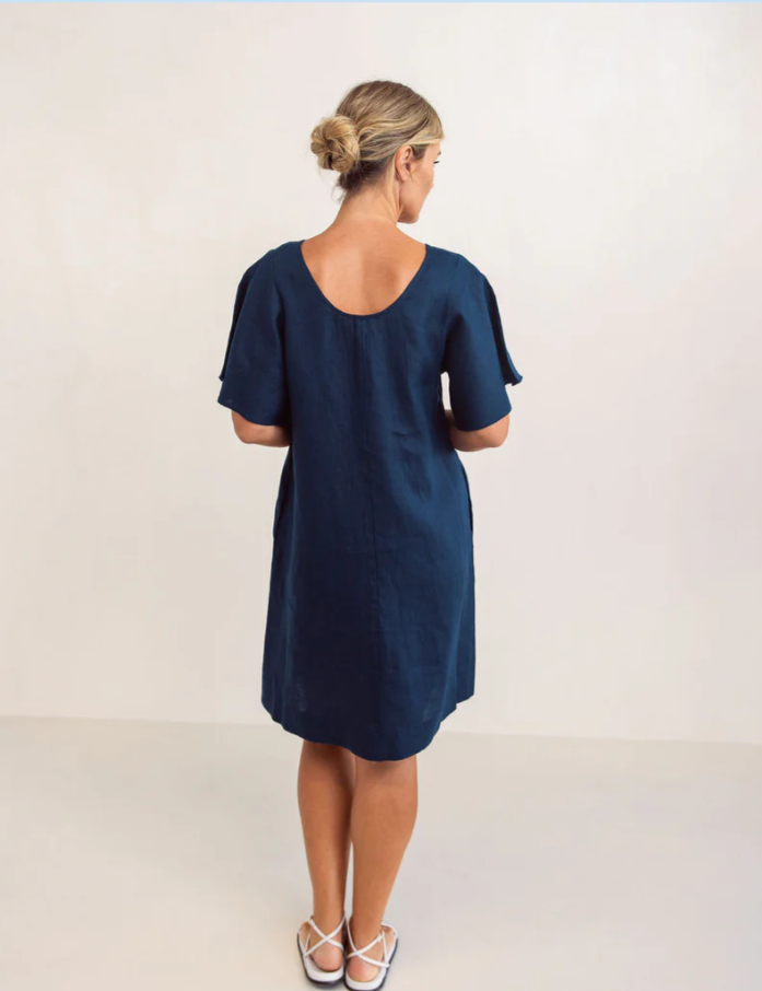 SEE SAW LINEN V NECK FLUTTER DRESS NAVY