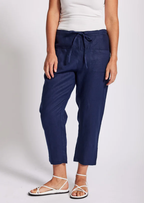 SEE SAW  100% LINEN NAVY DRAW STRING PANTS