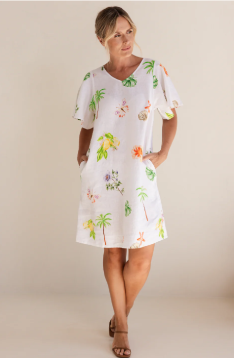 SEE SAW LINEN V NECK FLUTTER SLEEVE DRESS PARADISE