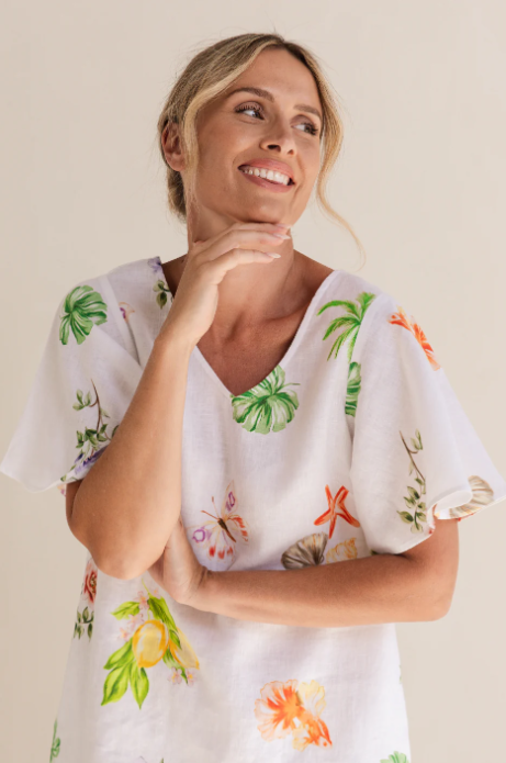 SEE SAW LINEN V NECK FLUTTER SLEEVE DRESS PARADISE