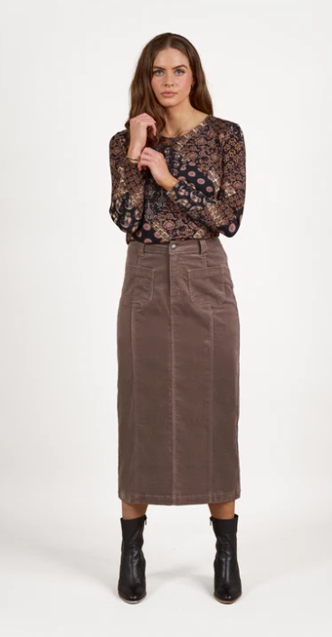 VASSALLI TAUPE CORD SKIRT MID LENGTH