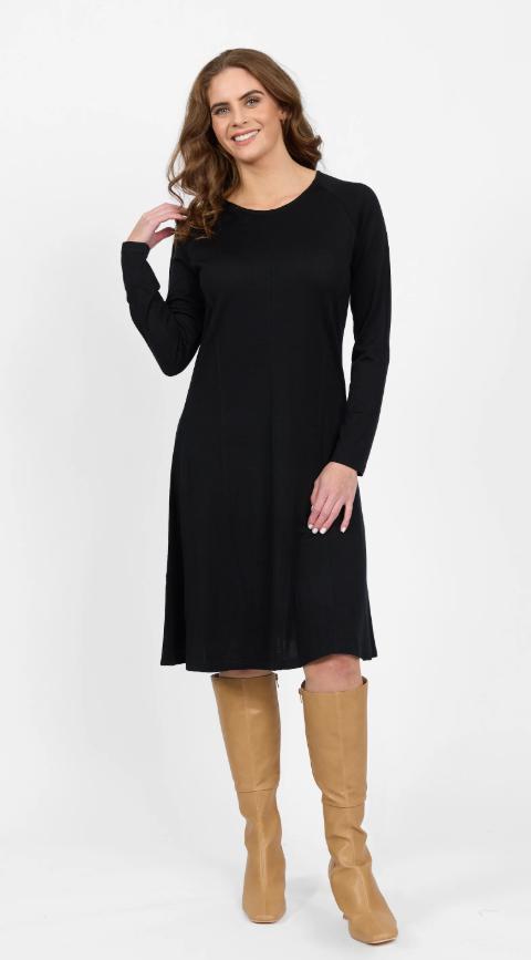 VASSALLI 100% MERINO LONG SLEEVE SWING DRESS BLACK