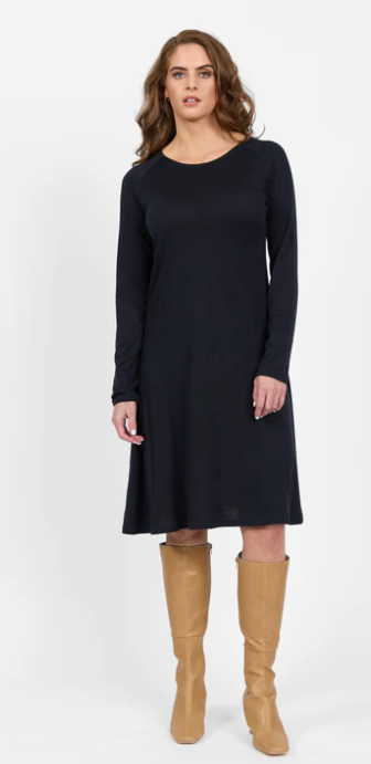 VASSALLI 100% MERINO LONG SLEEVE SWING DRESS MIDNIGHT
