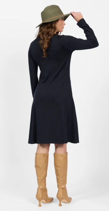 VASSALLI 100% MERINO LONG SLEEVE SWING DRESS MIDNIGHT