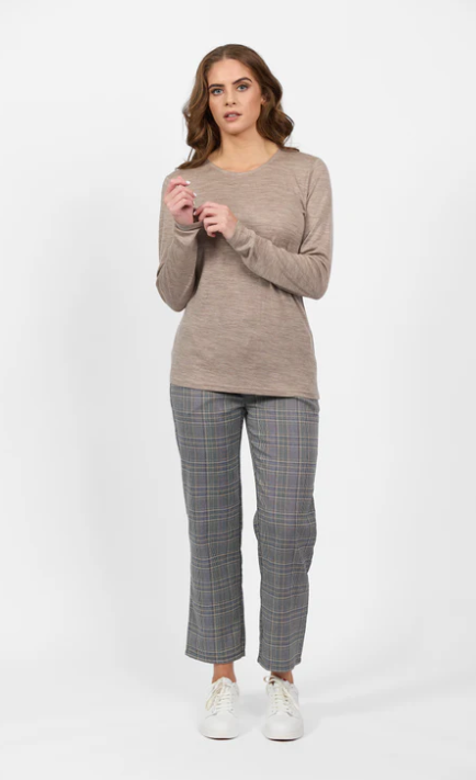 VASSALLI 100% MERINO BASIC LONG SLEEVE CREW NECK TOP TWIG
