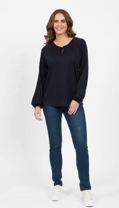 VASSALLI 100% MERINO ROUND NECK TOP WITH FRONT KEYHOLE MIDNIGHT