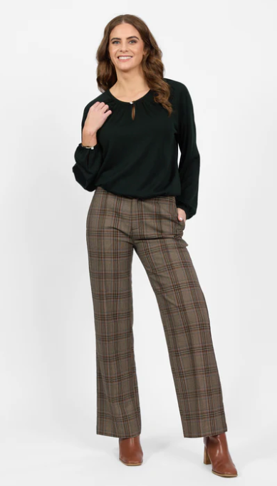 VASSALLI 100% MERINO ROUND NECK TOP WITH FRONT KEYHOLE FOREST