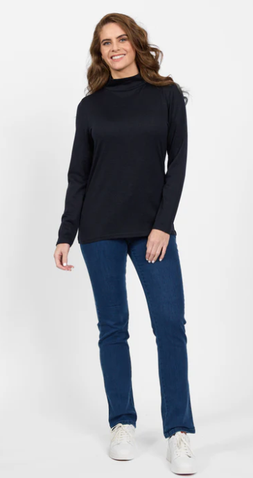 VASSALLI 100% MERINO BASIC LONG SLEEVE POLO NECK TOP MIDNIGHT