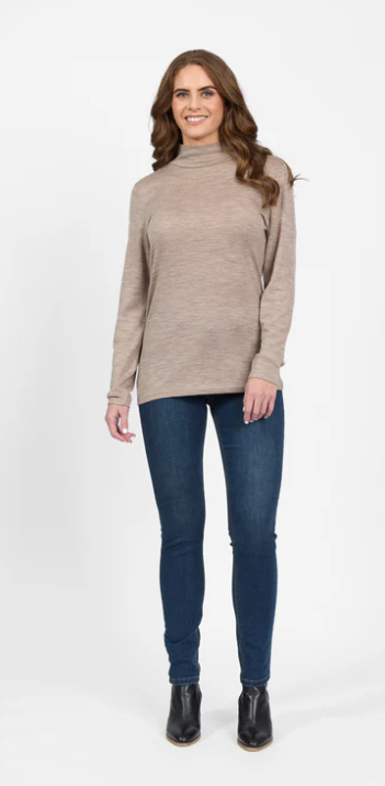 VASSALLI 100% MERINO BASIC LONG SLEEVE POLO NECK TOP TWIG