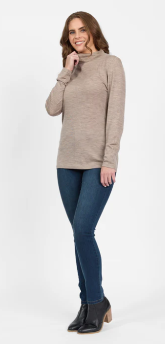VASSALLI 100% MERINO BASIC LONG SLEEVE POLO NECK TOP TWIG