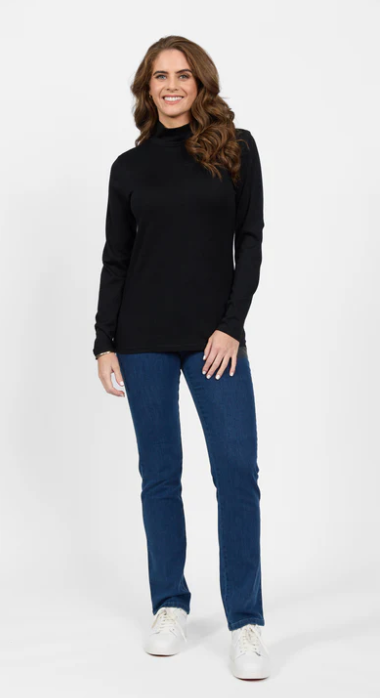 VASSALLI 100% MERINO BASIC LONG SLEEVE POLO NECK TOP BLACK