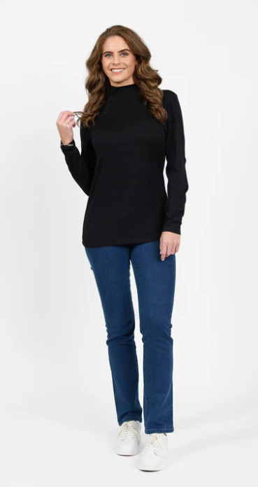 VASSALLI 100% MERINO BASIC LONG SLEEVE POLO NECK TOP MIDNIGHT