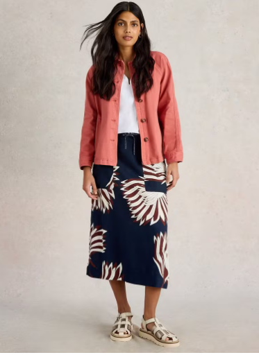 WHITE STUFF ELLE LINEN NAVY PRINT SKIRT