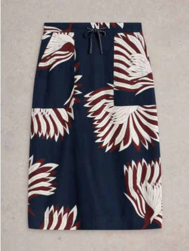WHITE STUFF ELLE LINEN NAVY PRINT SKIRT