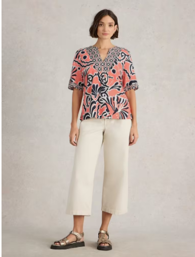 WHITE STUFF ASH LINEN BLEND TOP CORAL PRINT