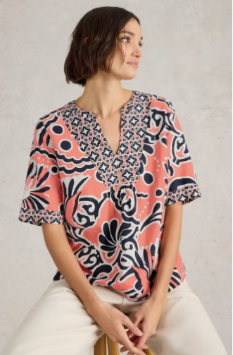 WHITE STUFF ASH LINEN BLEND TOP CORAL PRINT
