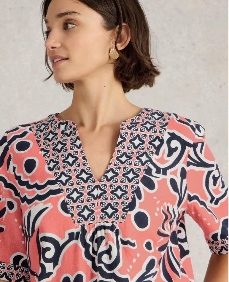 WHITE STUFF ASH LINEN BLEND TOP CORAL PRINT
