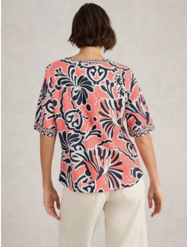 WHITE STUFF ASH LINEN BLEND TOP CORAL PRINT
