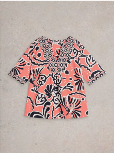 WHITE STUFF ASH LINEN BLEND TOP CORAL PRINT