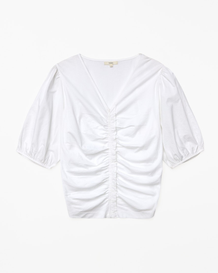 YERSE WHITE T-SHIRT  V-NECK WITH FRILL