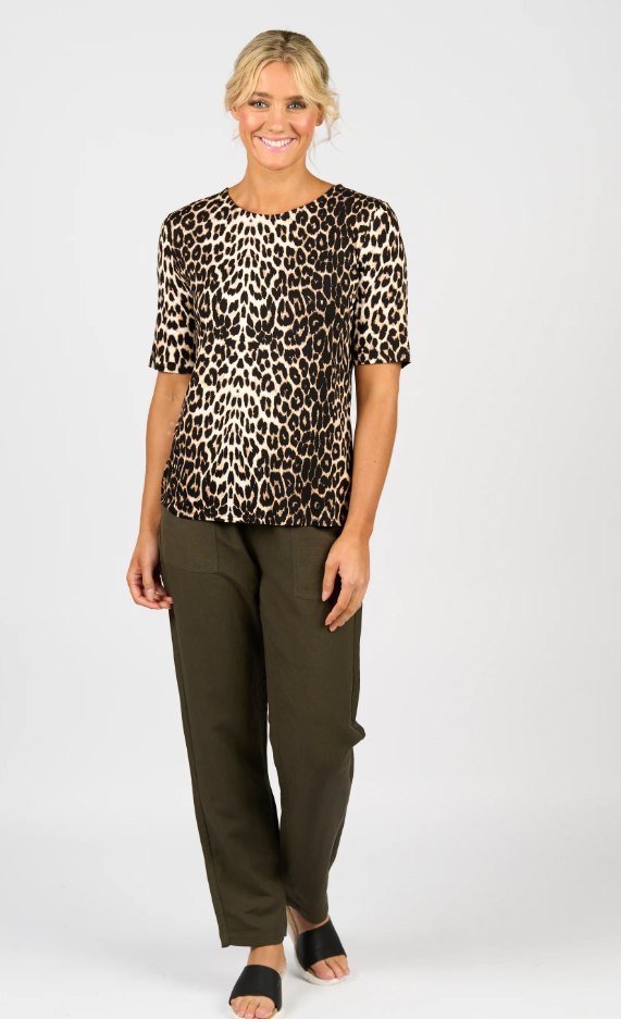 VASSALLI 3/4 SLEEVE ROUND NECK KNIT TOP LEOPARD