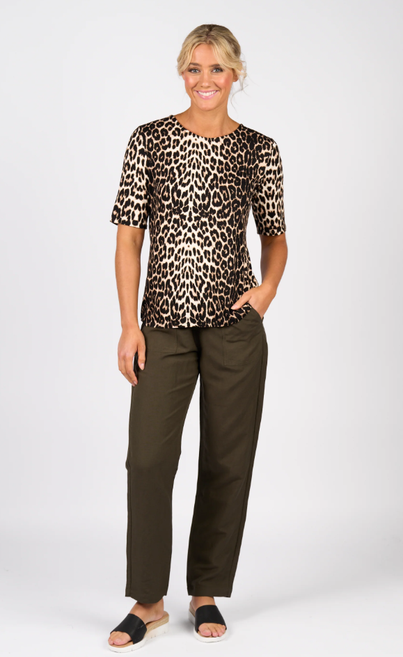 VASSALLI 3/4 SLEEVE ROUND NECK KNIT TOP LEOPARD